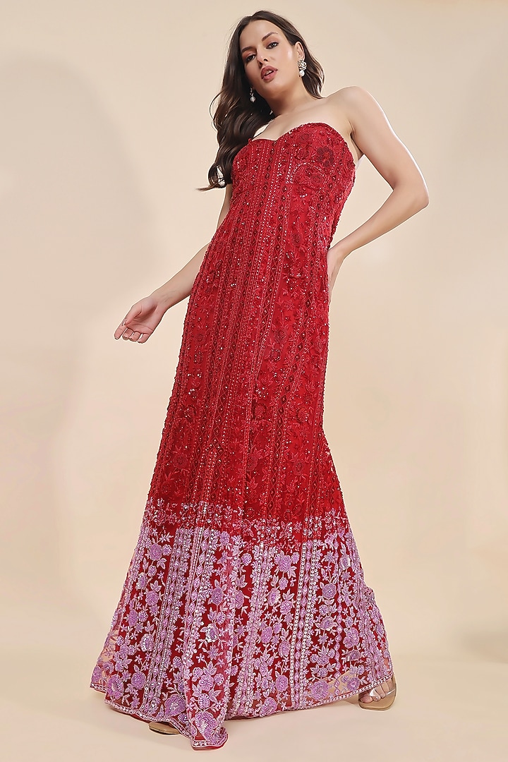 Red Tulle Hand Embroidered Gown by Kanchi Khurana Couture at Pernia's Pop Up Shop