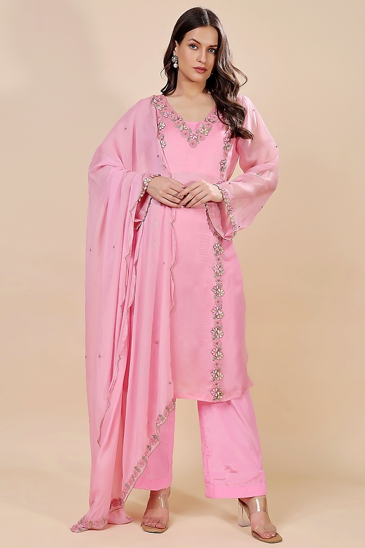 Pink Silk Organza Hand Embroidered Kurta Set by Kanchi Khurana Couture at Pernia's Pop Up Shop