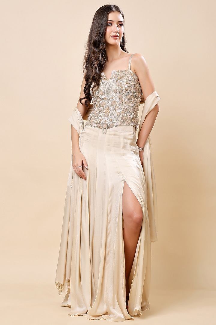 Beige Satin Georgette Skirt Set by Kanchi Khurana Couture at Pernia's Pop Up Shop