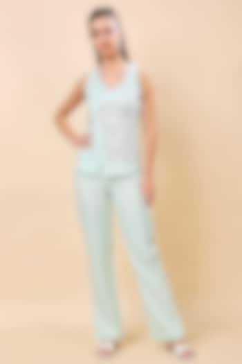 Mint Green Linen Hand Embroidered Co-Ord Set by Kanchi Khurana Couture at Pernia's Pop Up Shop