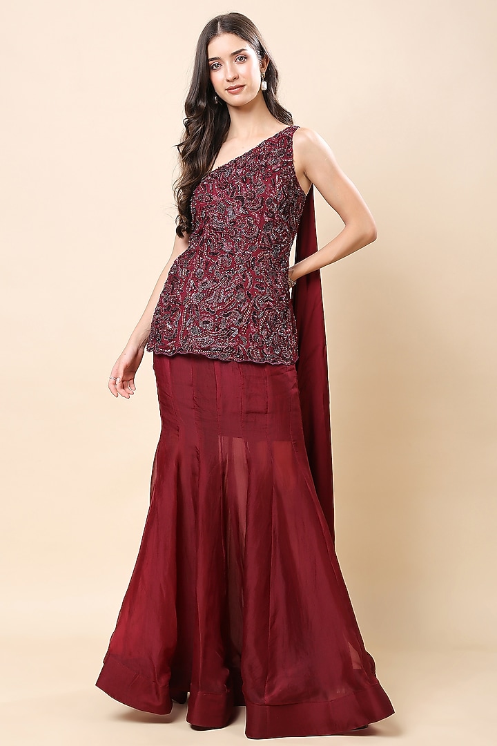 Maroon Silk Organza Wedding Lehenga Set by Kanchi Khurana Couture at Pernia's Pop Up Shop