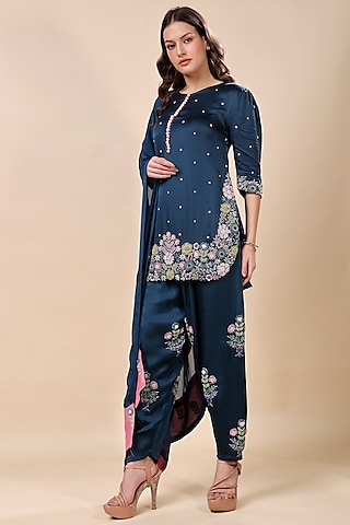 Blue Satin Organza Hand Embroidered Kurta Set by Kanchi Khurana Couture