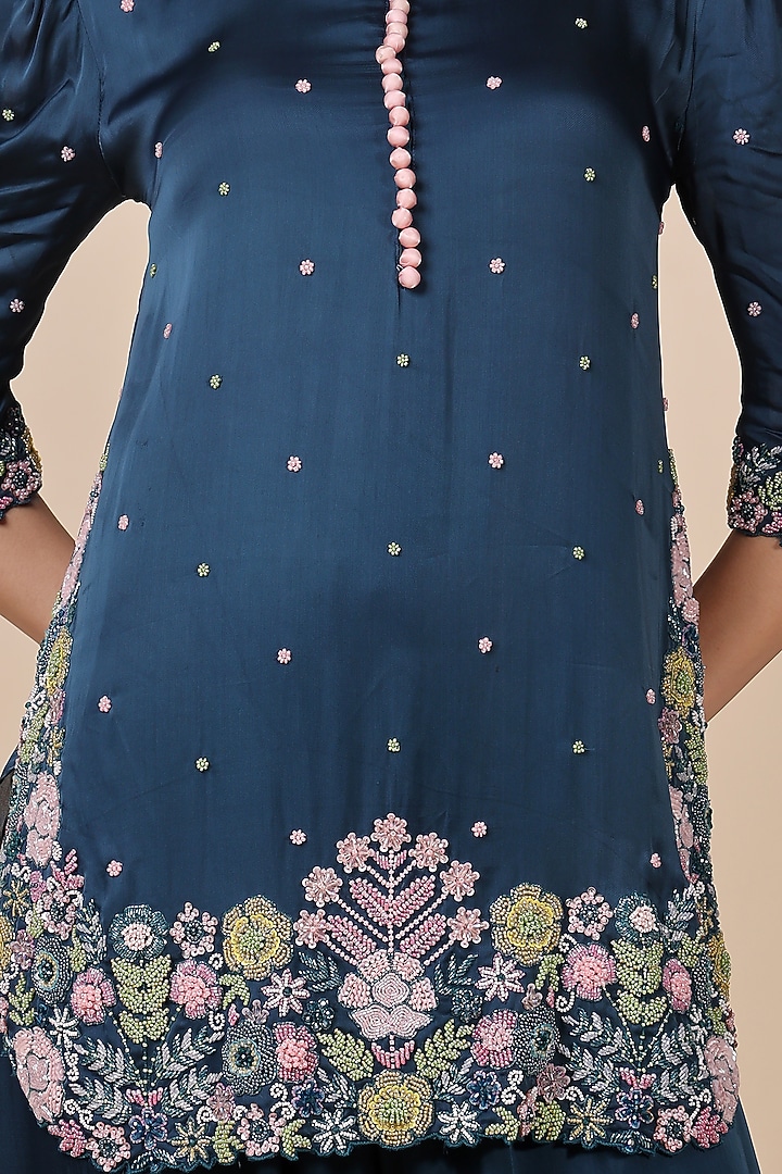 Blue Satin Organza Hand Embroidered Kurta Set by Kanchi Khurana Couture at Pernia's Pop Up Shop