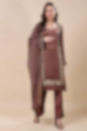 Brown Satin Organza Hand Embroidered Kurta Set by Kanchi Khurana Couture at Pernia's Pop Up Shop