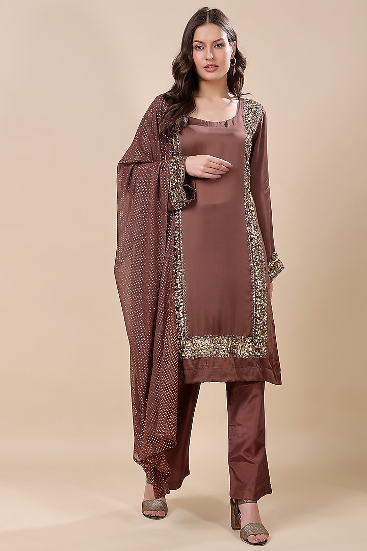 Brown Satin Organza Hand Embroidered Kurta Set by Kanchi Khurana Couture at Pernia's Pop Up Shop