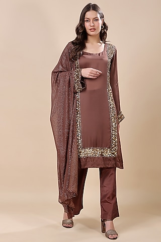 Brown Satin Organza Hand Embroidered Kurta Set by Kanchi Khurana Couture