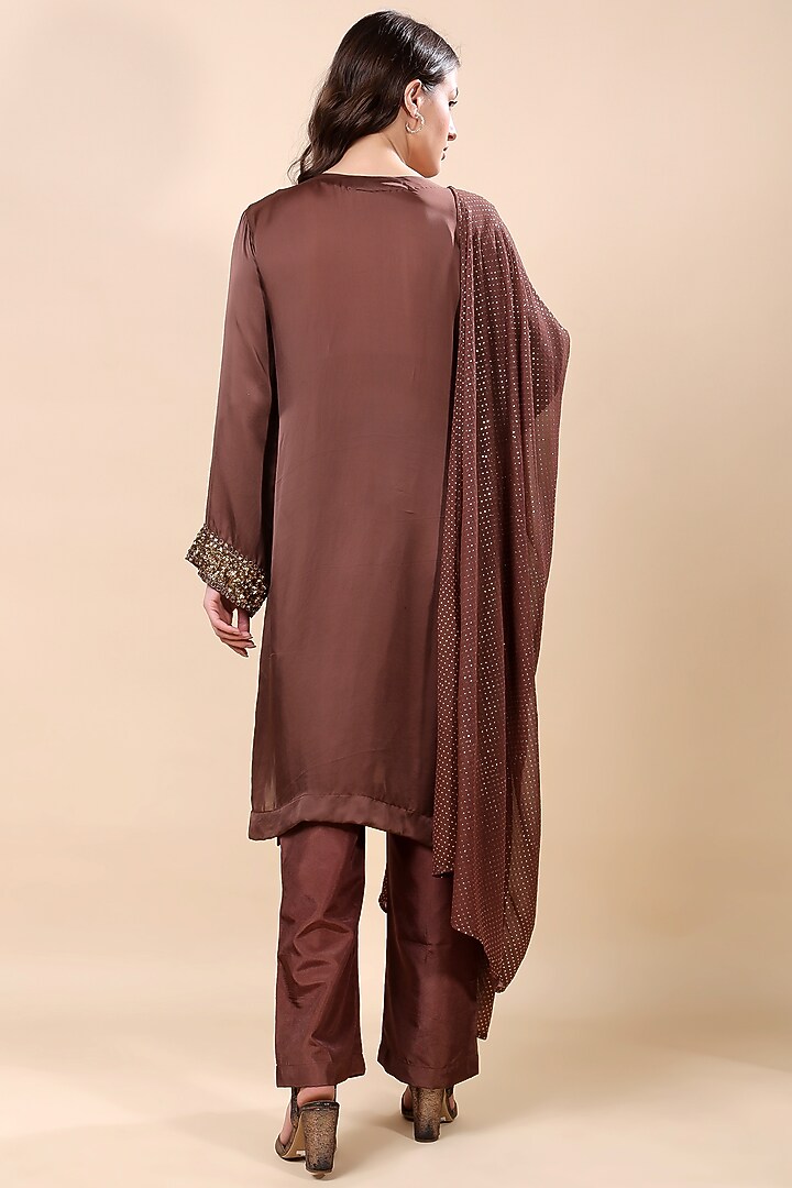 Brown Satin Organza Hand Embroidered Kurta Set by Kanchi Khurana Couture at Pernia's Pop Up Shop