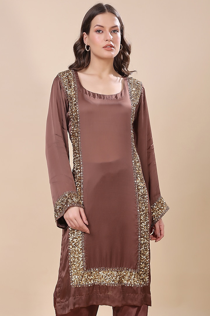 Brown Satin Organza Hand Embroidered Kurta Set by Kanchi Khurana Couture at Pernia's Pop Up Shop