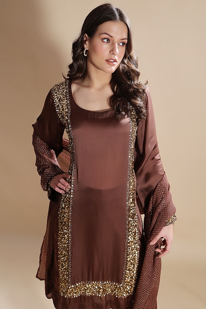 Brown Satin Organza Hand Embroidered Kurta Set by Kanchi Khurana Couture at Pernia's Pop Up Shop