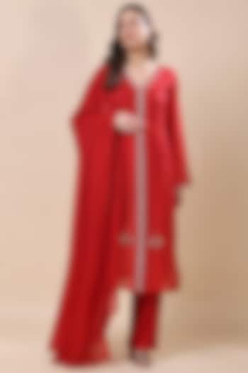 Red Silk Organza Hand Embroidered Kurta Set by Kanchi Khurana Couture at Pernia's Pop Up Shop