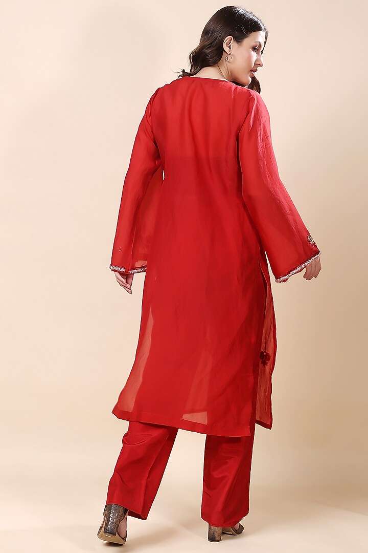 Red Silk Organza Hand Embroidered Kurta Set by Kanchi Khurana Couture at Pernia's Pop Up Shop