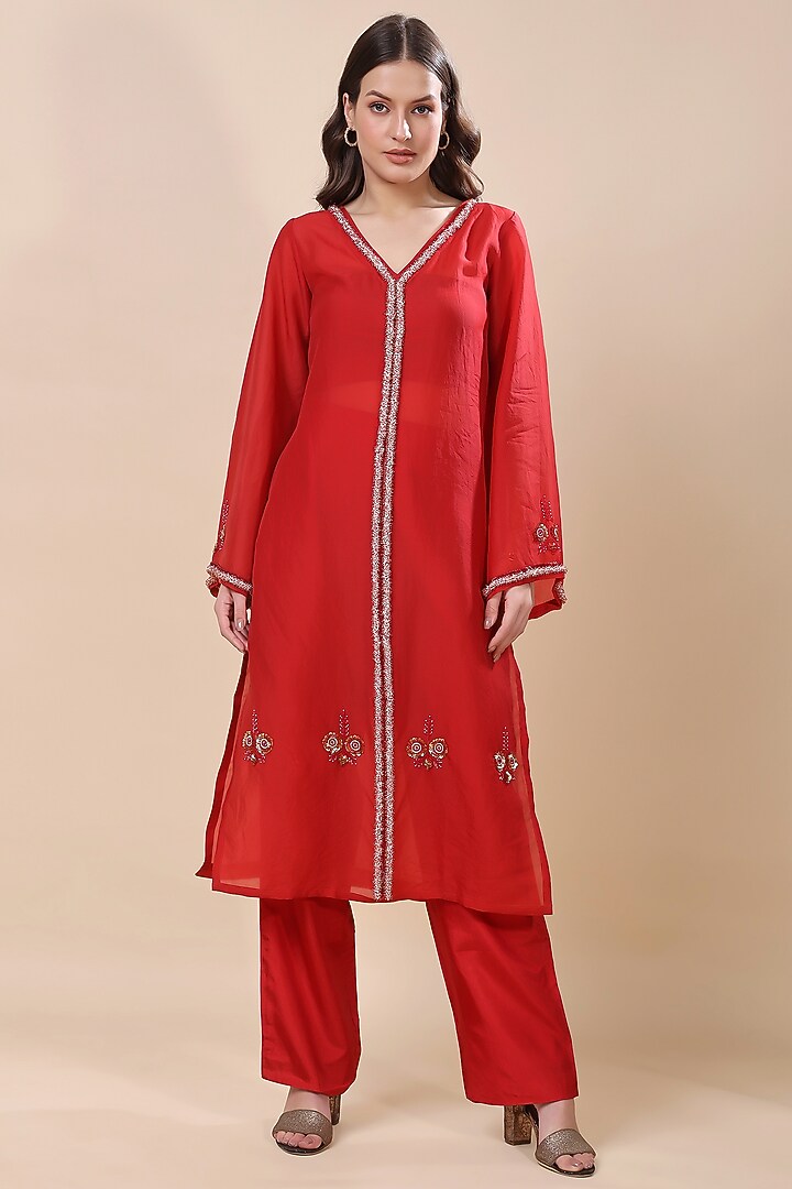 Red Silk Organza Hand Embroidered Kurta Set by Kanchi Khurana Couture at Pernia's Pop Up Shop