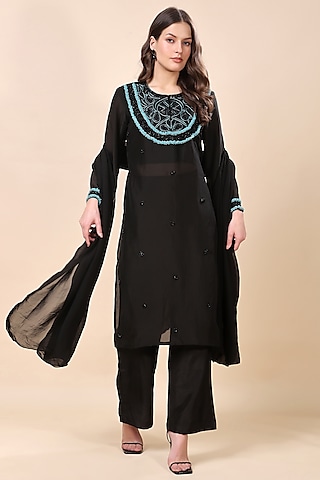 Black Silk Organza Hand Embroidered Kurta Set by Kanchi Khurana Couture