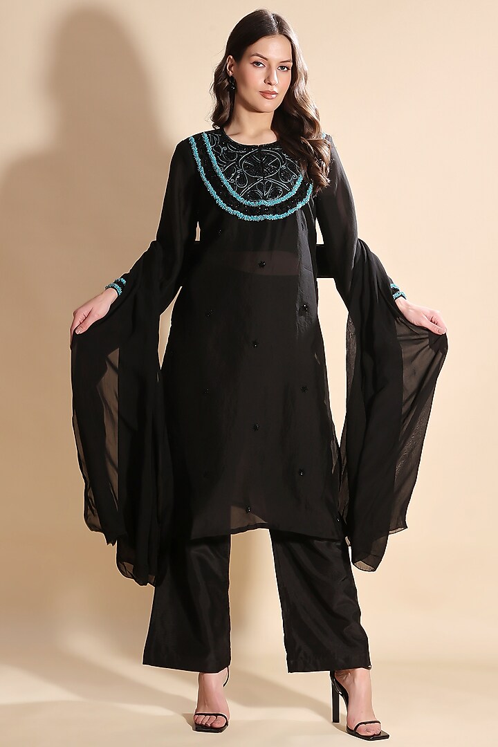 Black Silk Organza Hand Embroidered Kurta Set by Kanchi Khurana Couture at Pernia's Pop Up Shop