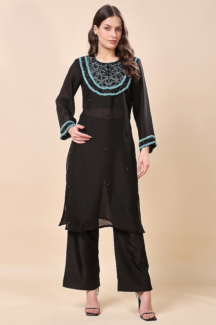 Black Silk Organza Hand Embroidered Kurta Set by Kanchi Khurana Couture at Pernia's Pop Up Shop