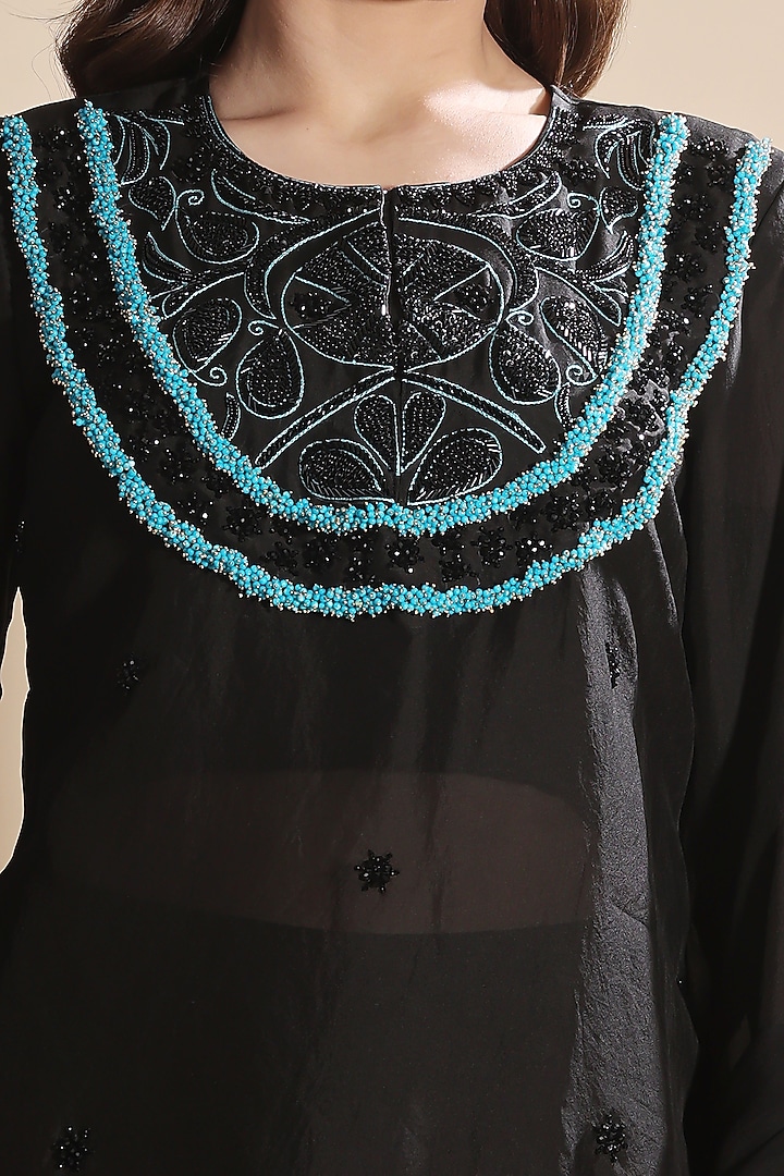 Black Silk Organza Hand Embroidered Kurta Set by Kanchi Khurana Couture at Pernia's Pop Up Shop