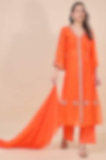 Orange Silk Organza Hand Embroidered Kurta Set by Kanchi Khurana Couture at Pernia's Pop Up Shop