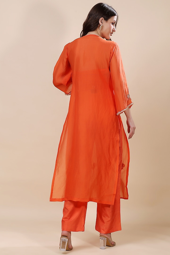 Orange Silk Organza Hand Embroidered Kurta Set by Kanchi Khurana Couture at Pernia's Pop Up Shop