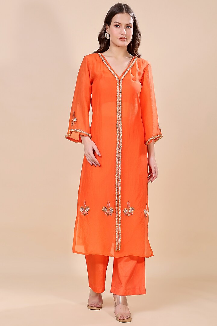 Orange Silk Organza Hand Embroidered Kurta Set by Kanchi Khurana Couture at Pernia's Pop Up Shop