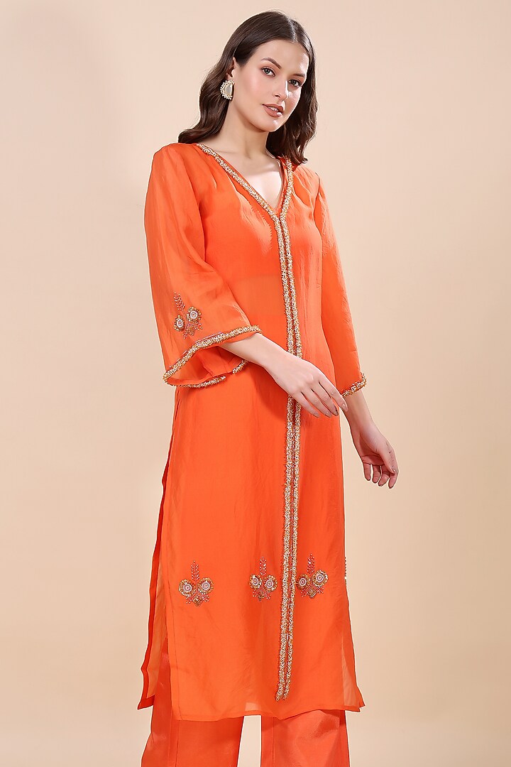 Orange Silk Organza Hand Embroidered Kurta Set by Kanchi Khurana Couture at Pernia's Pop Up Shop