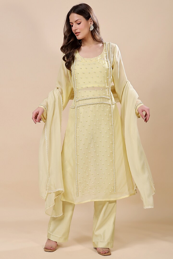 Yellow Silk Organza Hand Embroidered Kurta Set by Kanchi Khurana Couture at Pernia's Pop Up Shop