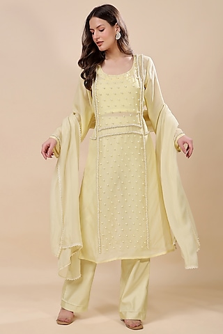 Yellow Silk Organza Hand Embroidered Kurta Set by Kanchi Khurana Couture