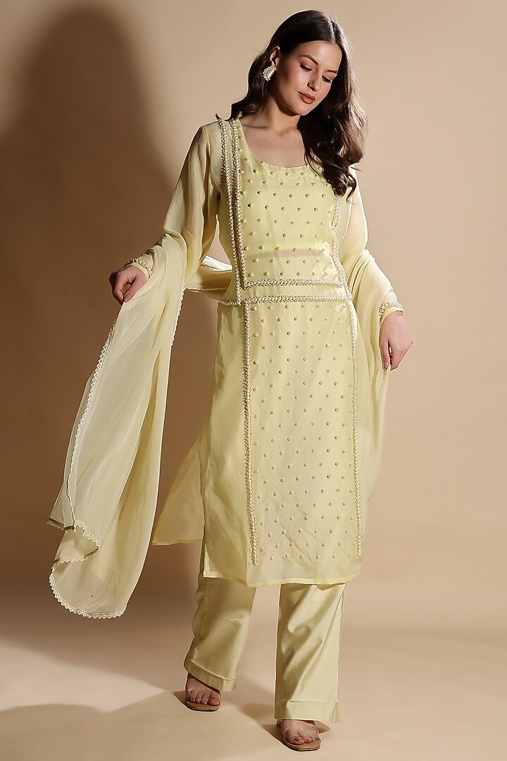 Yellow Silk Organza Hand Embroidered Kurta Set by Kanchi Khurana Couture at Pernia's Pop Up Shop