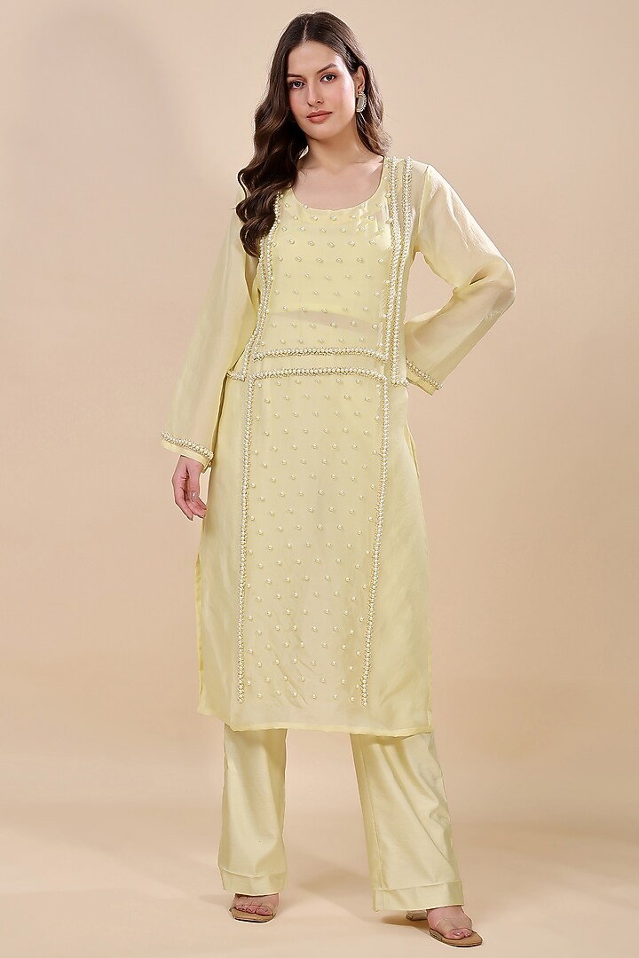 Yellow Silk Organza Hand Embroidered Kurta Set by Kanchi Khurana Couture at Pernia's Pop Up Shop