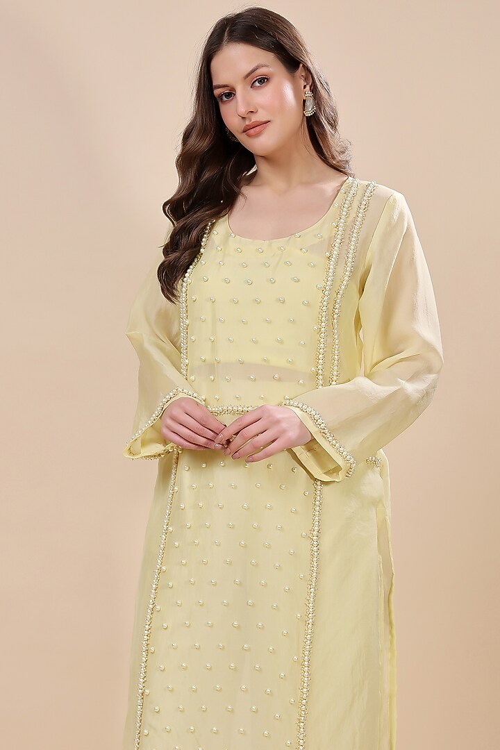 Yellow Silk Organza Hand Embroidered Kurta Set by Kanchi Khurana Couture at Pernia's Pop Up Shop