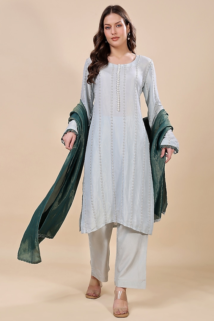 Blue Tissue Hand Embroidered Kurta Set by Kanchi Khurana Couture at Pernia's Pop Up Shop