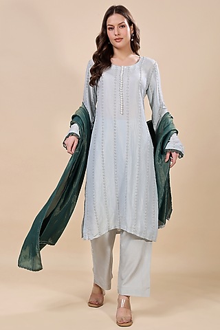 Blue Tissue Hand Embroidered Kurta Set by Kanchi Khurana Couture