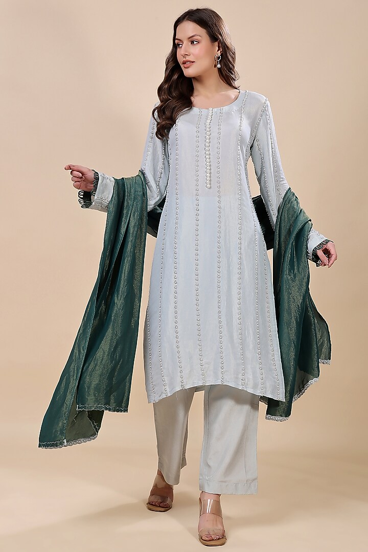 Blue Tissue Hand Embroidered Kurta Set by Kanchi Khurana Couture at Pernia's Pop Up Shop