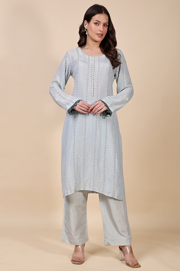 Blue Tissue Hand Embroidered Kurta Set by Kanchi Khurana Couture at Pernia's Pop Up Shop