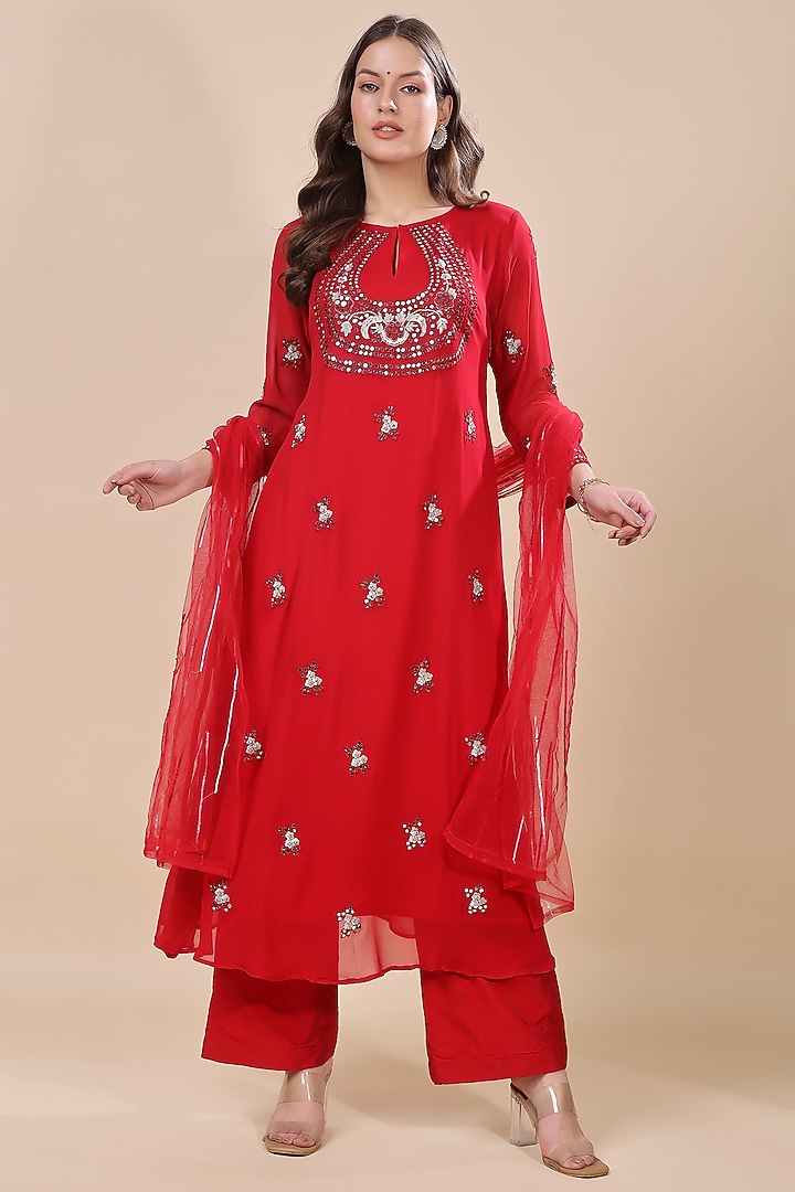 Red Georgette Hand Embroidered Kurta Set by Kanchi Khurana Couture at Pernia's Pop Up Shop