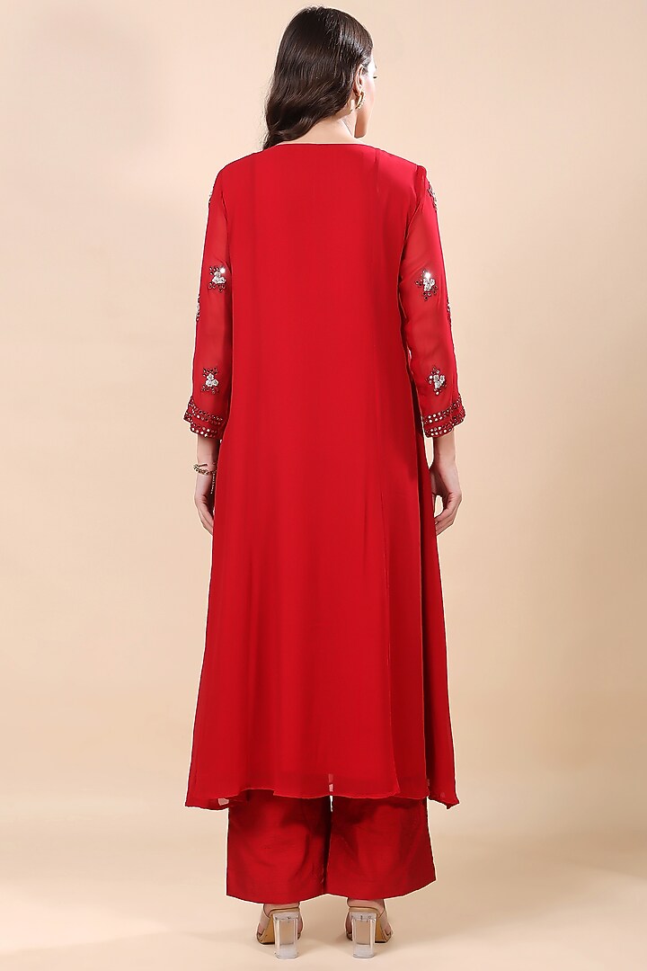 Red Georgette Hand Embroidered Kurta Set by Kanchi Khurana Couture at Pernia's Pop Up Shop