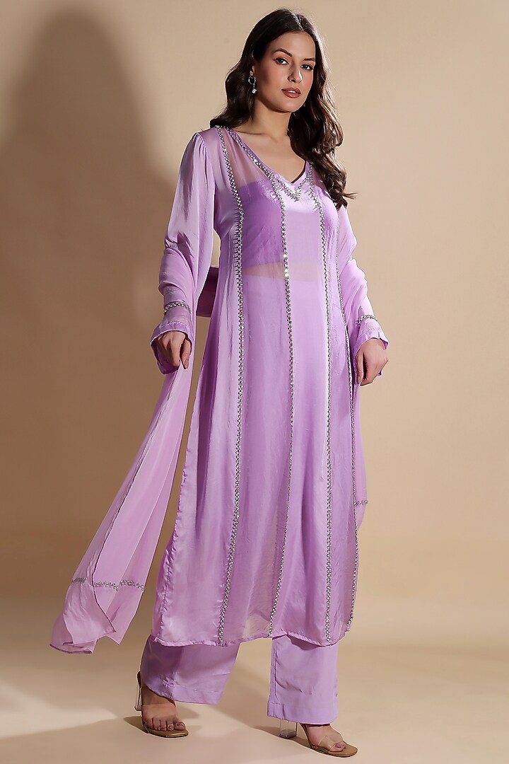 Purple Satin Organza Hand Embroidered Kurta Set by Kanchi Khurana Couture at Pernia's Pop Up Shop