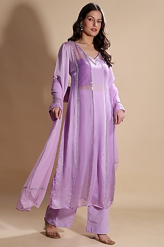 Purple Satin Organza Hand Embroidered Kurta Set by Kanchi Khurana Couture
