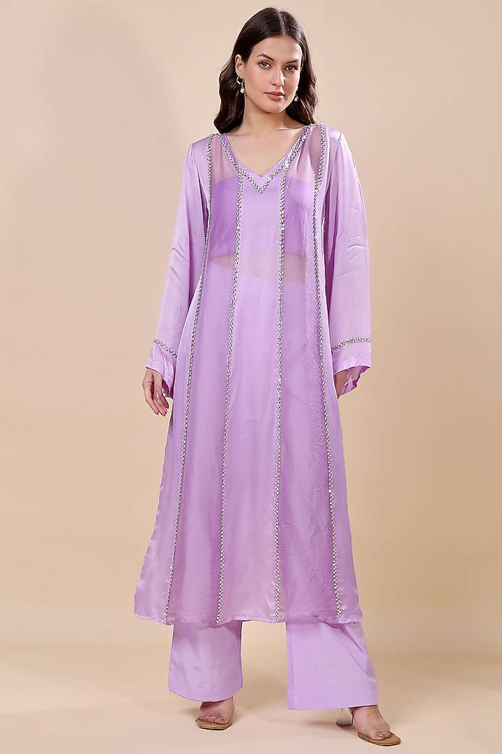 Purple Satin Organza Hand Embroidered Kurta Set by Kanchi Khurana Couture at Pernia's Pop Up Shop