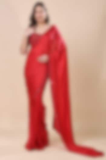 Red Satin Georgette Wedding Saree Set by Kanchi Khurana Couture at Pernia's Pop Up Shop