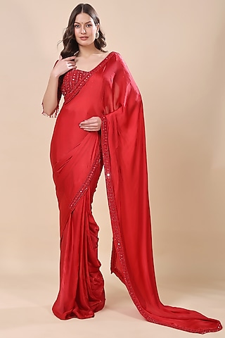 Red Satin Georgette Saree Set by Kanchi Khurana Couture