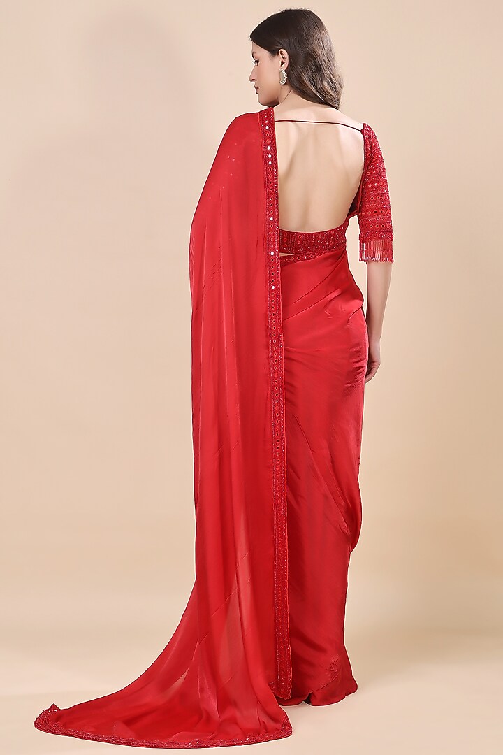 Red Satin Georgette Wedding Saree Set by Kanchi Khurana Couture at Pernia's Pop Up Shop