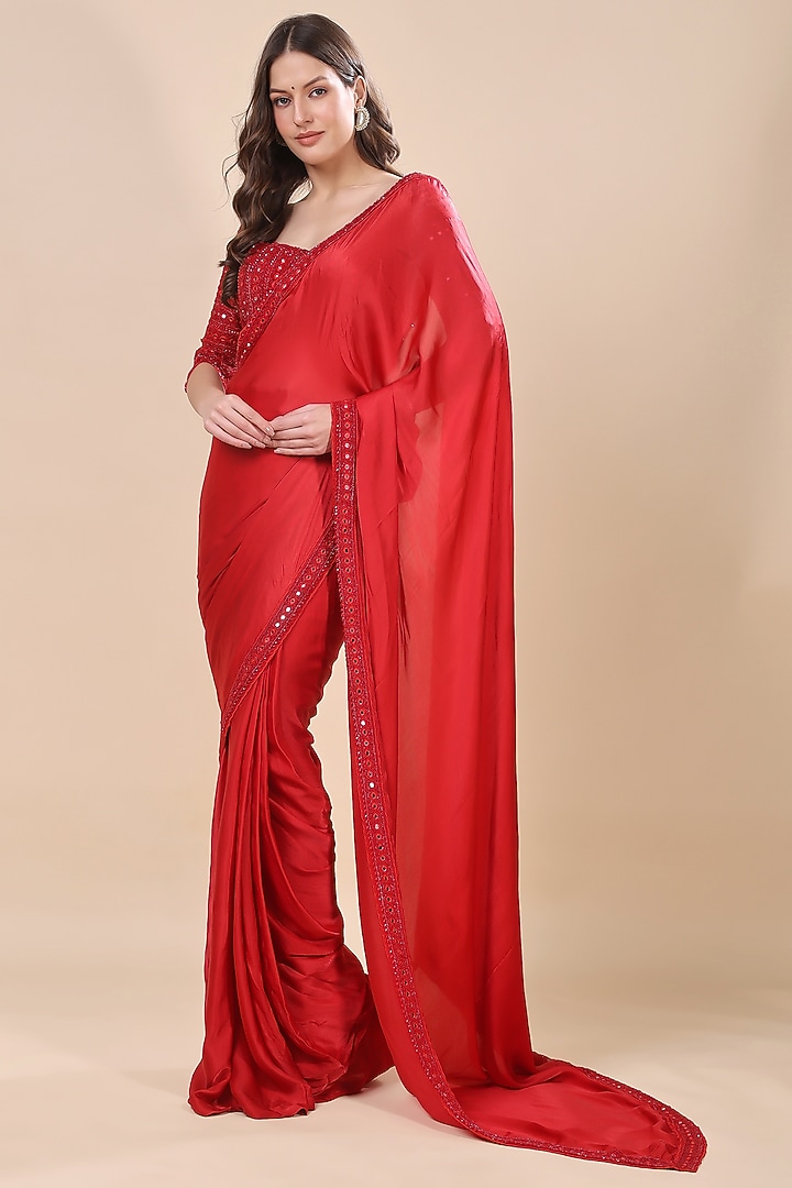 Red Satin Georgette Wedding Saree Set by Kanchi Khurana Couture at Pernia's Pop Up Shop