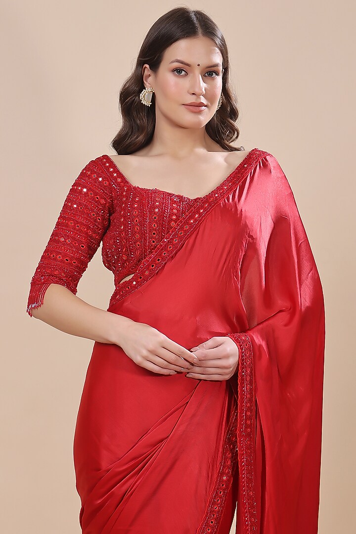 Red Satin Georgette Wedding Saree Set by Kanchi Khurana Couture at Pernia's Pop Up Shop