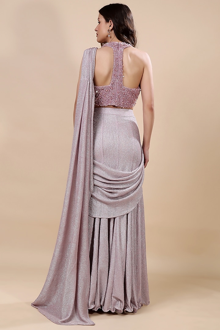 Purple Imported Shimmer Embroidered Draped Skirt Wedding Saree Set by Kanchi Khurana Couture at Pernia's Pop Up Shop