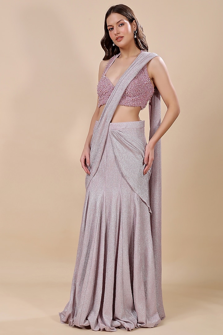Purple Imported Shimmer Embroidered Draped Skirt Wedding Saree Set by Kanchi Khurana Couture at Pernia's Pop Up Shop