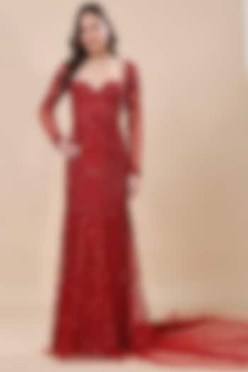 Red Net Hand Embroidered Wedding Gown by Kanchi Khurana Couture at Pernia's Pop Up Shop