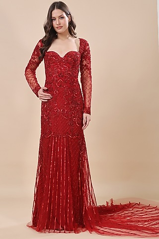 Red Net Hand Embroidered Gown by Kanchi Khurana Couture