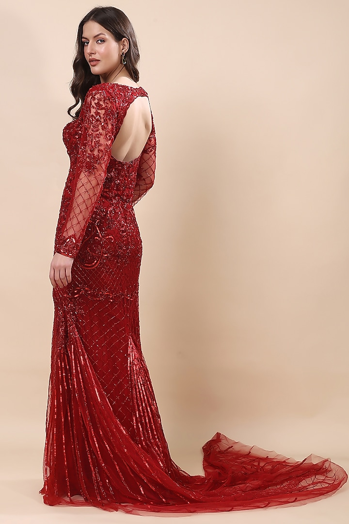 Red Net Hand Embroidered Wedding Gown by Kanchi Khurana Couture at Pernia's Pop Up Shop