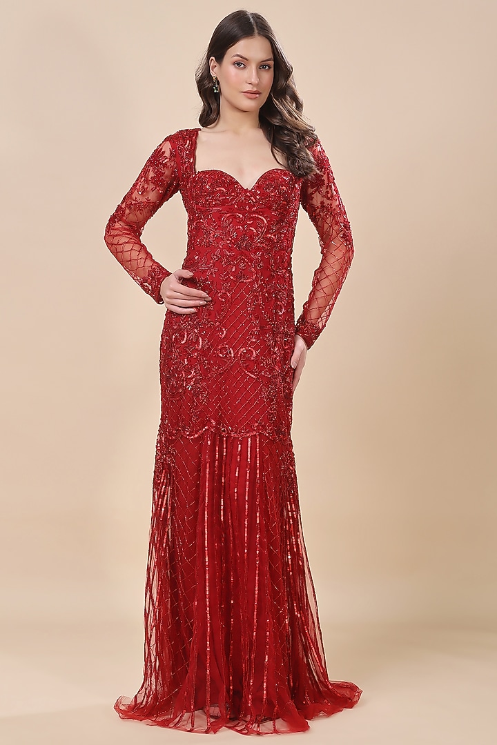 Red Net Hand Embroidered Wedding Gown by Kanchi Khurana Couture at Pernia's Pop Up Shop