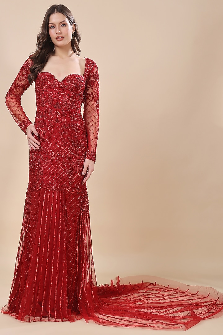 Red Net Hand Embroidered Wedding Gown by Kanchi Khurana Couture at Pernia's Pop Up Shop